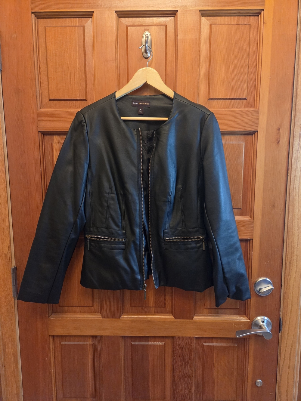 Dana Buchman Black Faux Leather Collarless Zip Jacket